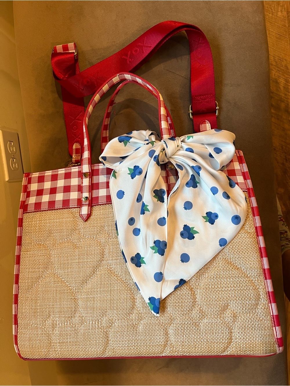 Betsey Johnson Red Gingham Straw Tote with Blue Blueberry Floral Scarf Accent